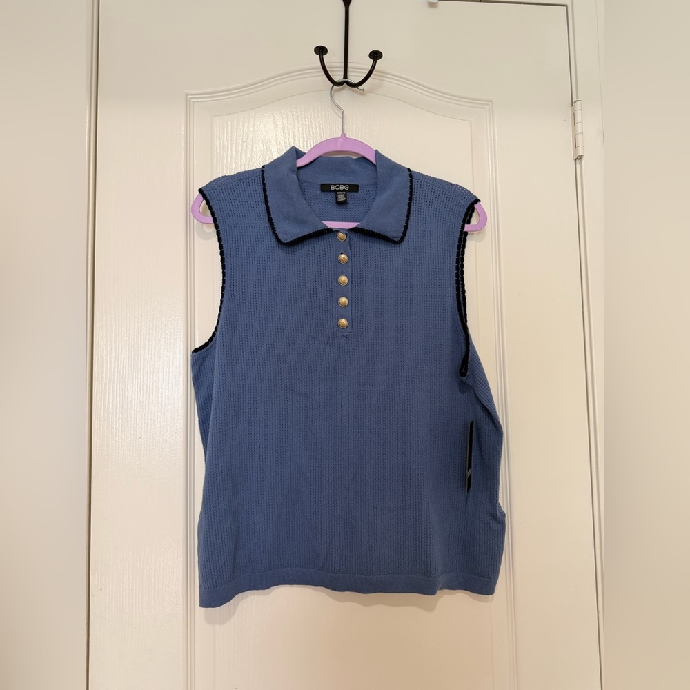 BCBG Women’s Sleeveless Knit Collared Top Gold Button Front Dusty Blue XL NWT